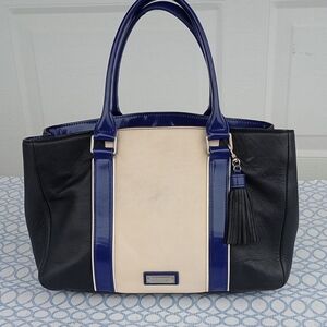 BCBGMaxAzria Black and Cream Tote with Blue Accents